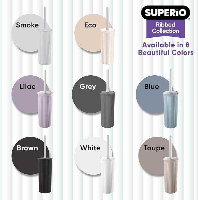 Superio Plastic Toilet Bowl Brush and Holder Set, Decorative Cleaner Scrubber for Bathroom (2, Taupe)