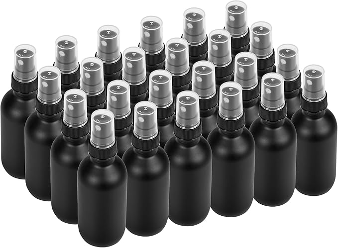 BILLIONSTARS 24 Pack 2oz Glass Boston Round Bottle with Fine Mist Sprayer - Black Frosted - Essential Oils, Bath, Beauty, Hair & Cleaning - Leakproof Travel Bottles