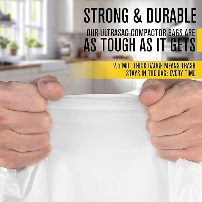 Ultrasac 18 Gallon Compactor Bags (160 Pack with Ties) For 18 Inch Compactors - 28.25" x 33.5" Heavy Duty 2.5 MIL Garbage Disposal Bags Compatible with Whirlpool