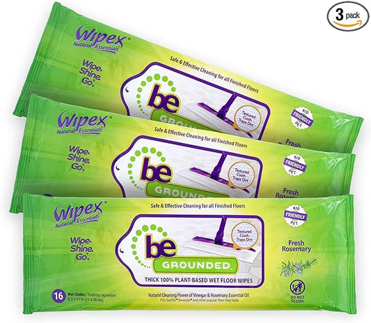 Wipex Wet Floor Wipes - Natural Wet Mop Pads Fit Swiffer Sweeper Mop - Rosemary Essential Oil & Vinegar & Plant-Based Textured Cloth Trap Absorb Dirt, Floor Cleaner Pads, 16 Count (Pack of 3)
