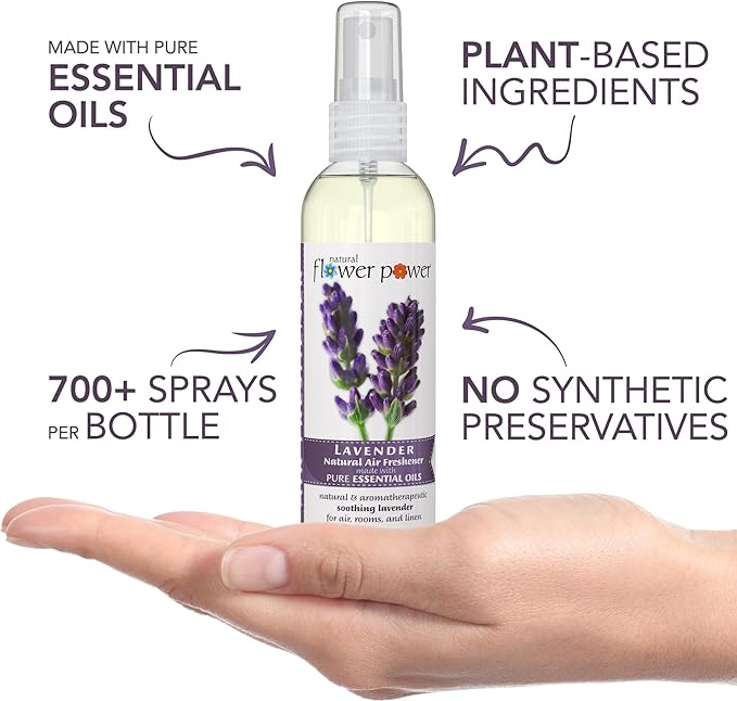 Natural Flower Power Air Freshener Spray - Odor Eliminator with Essential Oils for the Home, Car & Fabric - Cruelty Free & Vegan - 3 Pack - Lavender - 3 x 4 oz