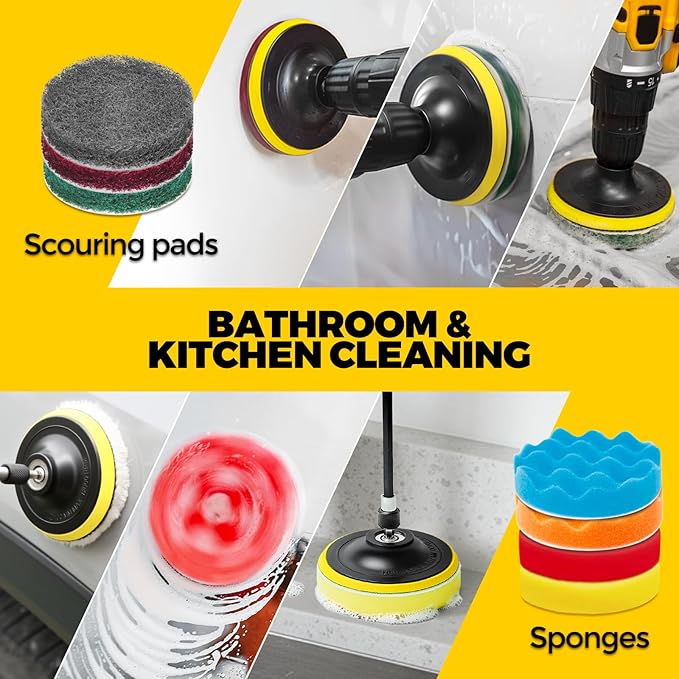 Holikme 22Pack Drill Brush Attachments Set,Scrub Pads & Sponge, Buffing Pads,Power Scrubber Brush,Car Polishing Pad Kit,Wax Applicator Pad,Car Cleaning Kit,Masonry Brushes,Cleaning Supplies