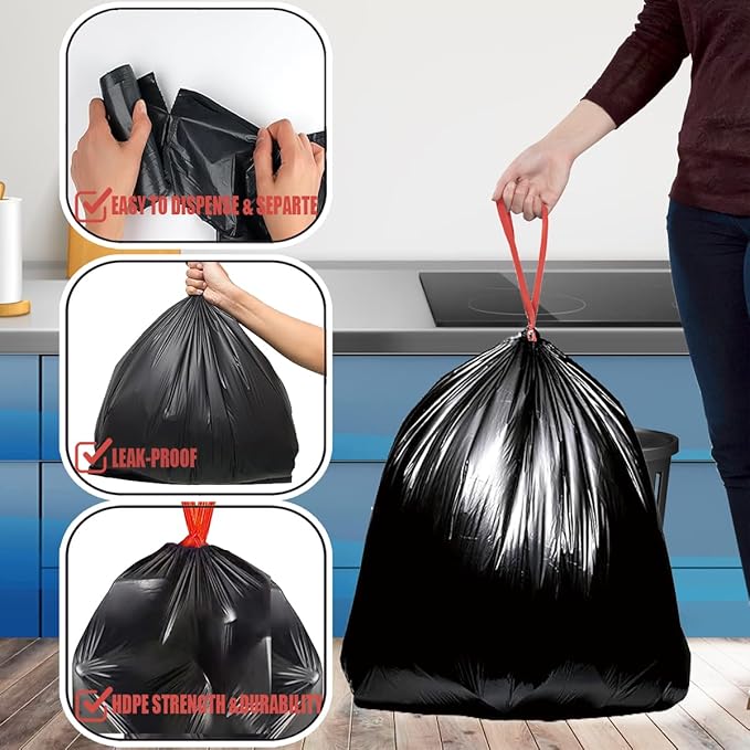 13 Gallon Trash Bags Drawstring, 200 Count Bulk, Black & Unscented Garbage Bags, Multi-purpose Tall Kitchen Trash Bags Can Liners for Business Home Commercial and Industrial