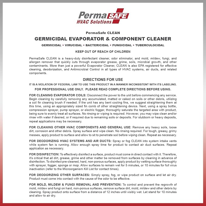 PermaSafe HVAC Solutions, Germicidal Evaporator Coil & Component Cleaner, Quickly and Effectively Cleans, Disinfects, Deodorizes and More