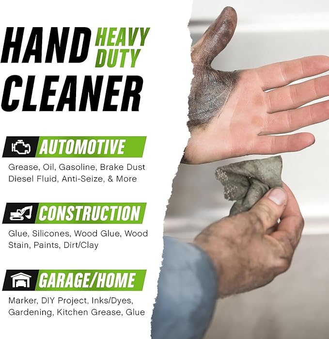 Grip Clean Heavy Duty Hand & Tool Cleaning Wipes – Waterless Hand Cleaner for Mechanics, Garage & Shop Use – Dual-Sided Grease, Oil & Paint Remover Wipes with Citrus Scent - 72ct (6 Pack)