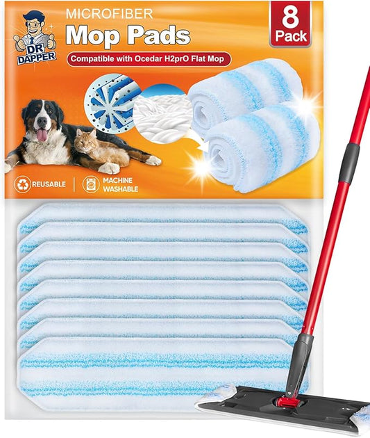 Mop Pads Compatible with Ocedar H2 pro Flat Mop System Replacement Pads, 8 Pack Mop Refills Fit for Ocedar Flat Mop, Washable Reusable Microfiber Mop Heads Replacements