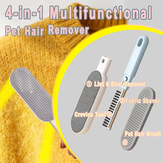 VrythosNex 4-in-1 Pet Hair Remover for Couch, Car, Furniture - Portable Dog Cat Fur Hair Removal Tool with Detachable Brush, Lint Brush, Fabric Shaver, Crevice Tool (Blue)