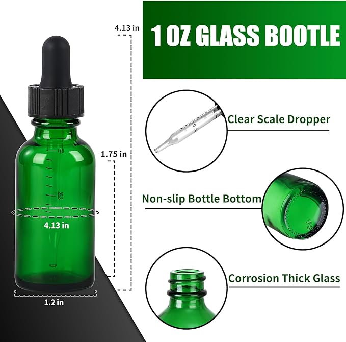 24 Pcs, 1oz Glass Dropper Bottle, Leakproof Tincture Bottles with Dropper, Green Reusable Eye Dropper Bottle for All Kinds of Liquids (Green, 1oz-24pcs)