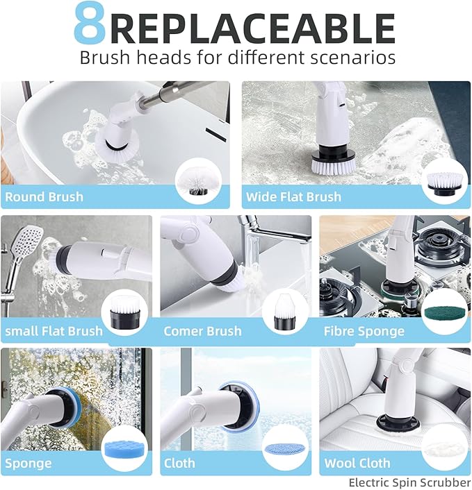 Electric Spin Scrubber,2025 Electric Scrubber for Cleaning,Power Scrubber with Adjustable Long Handle,3 Spin Speeds,Power Scrubber,Shower Cleaning Brush,White