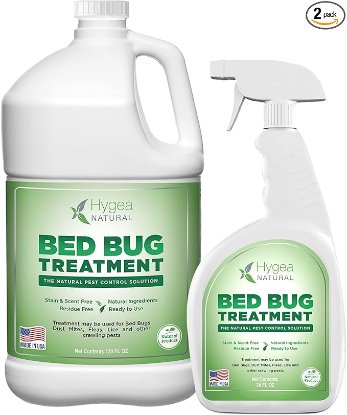 Hygea Natural Bed Bug & Lice Elimination Duo - Includes 24 Ounce Lice, Bed Bug & Mite Spray & 128 Ounce Refill - Child & Pet Friendly - Stain & Odor Free Spray