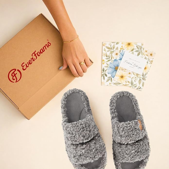 EverFoams Womens Fuzzy Open-toe Slippers Soft Comfy Memory Foam Indoor House Shoes