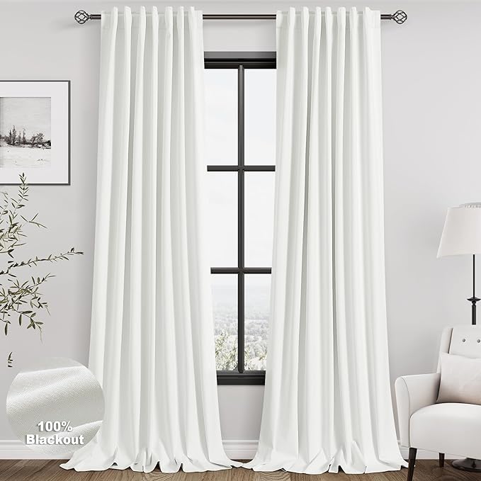 100% Blackout Linen Curtains 102 Inches Long 2 Panels Set for Bedroom Ivory Back Tab Black Out Curtain Modern Urban Noise Cancelling Total Light Blocking Window Curtains 102 Length 52X102 Inch