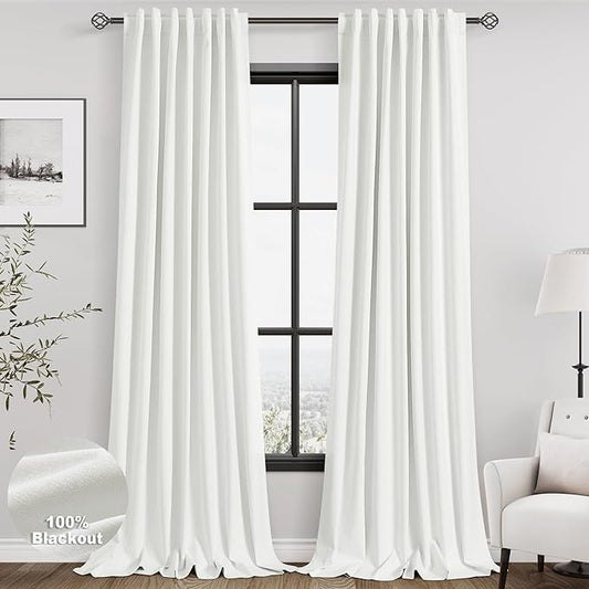 100% Blackout Linen Curtains 102 Inches Long 2 Panels Set for Bedroom Ivory Back Tab Black Out Curtain Modern Urban Noise Cancelling Total Light Blocking Window Curtains 102 Length 52X102 Inch