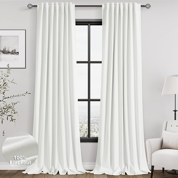 Ivory Blackout Curtains 96 Inches Long for Bedroom Linen Blend Back Tab Darkening Drapes for Living Room Elegant Modern Style Black Out Curtains 2 Panels Sound Proof Curtain for Window 52X96
