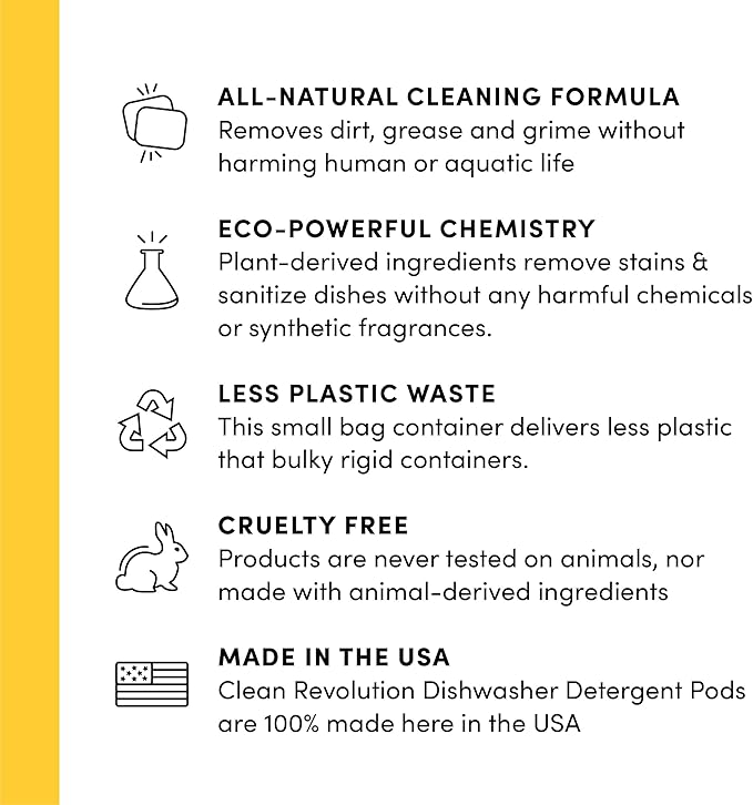 Clean Revolution Natural Dishwasher Detergent Pods, 80 Pods, Enzyme Powered, No Chemical Additives, No Residue, Made in the USA