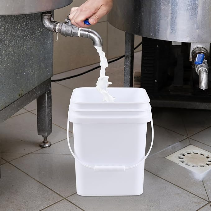 5 Gallon Square Food Plastic Bucket with Lids, White All Purpose Pail with Plastic Handle and Lid, Pack of 4