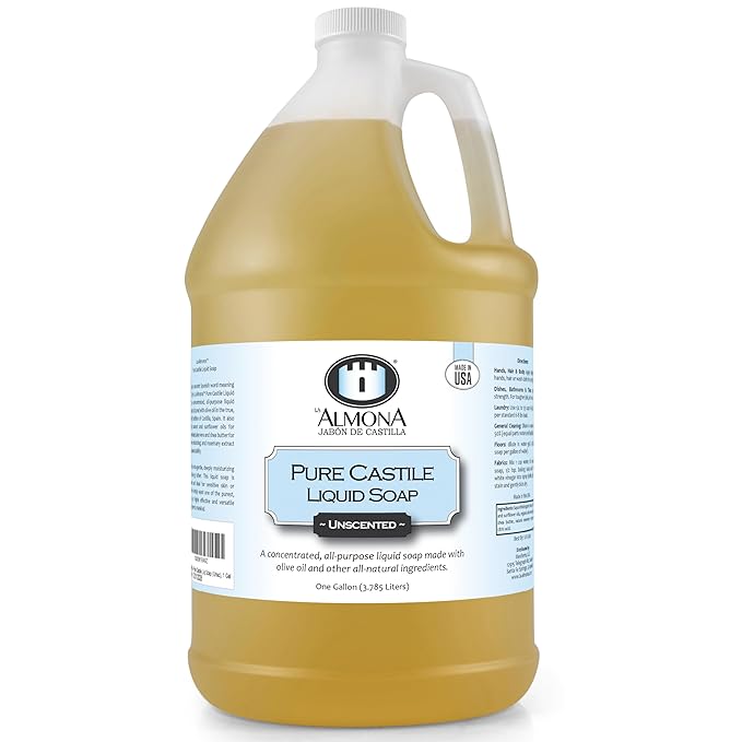 Pure Castile Liquid Soap, UNSCENTED, 1 Gallon - Multipurpose: Hands, Face, Body, Laundry, Dishes & More - For Sensitive Skin, All-Natural Ingredients, Fragrance Free