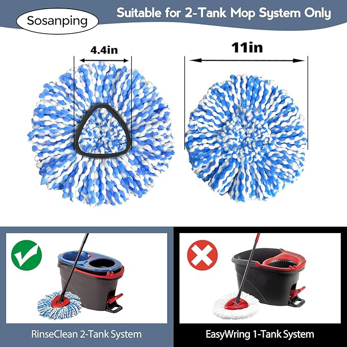 2-Tank Spin Mop Replacement Head, 3 Pack Mop Head Replacement, Microfiber, Machine Washable, Easy to Replace and Deep Cleaning