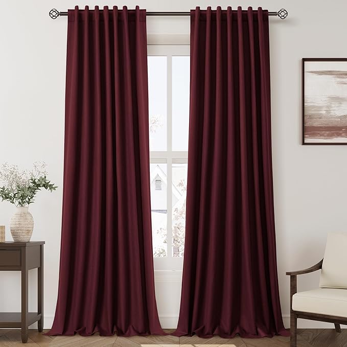 Full Black Out Burgundy Window Curtains 96 Inches Long Back Tab Rod Pocket Thermal Insulated Noise Cancelling Room Darkening 2 Panels Set for Nursery Boho Farmhouse Curtains Drapes 52x96