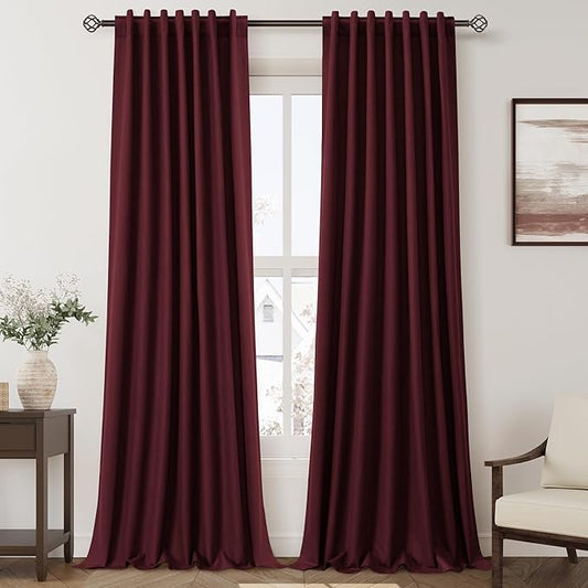 Full Black Out Burgundy Window Curtains 96 Inches Long Back Tab Rod Pocket Thermal Insulated Noise Cancelling Room Darkening 2 Panels Set for Nursery Boho Farmhouse Curtains Drapes 52x96