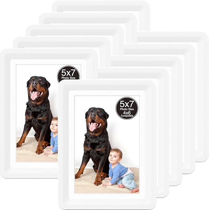 10-Pack 5x7 Picture Frame or 4x6 with Mat – Shatterproof Plastic Picture Frames for Family, Nursery & Playroom, Wall & Tabletop Frame for Home or Office, Safe Lightweight Design, Pearl White