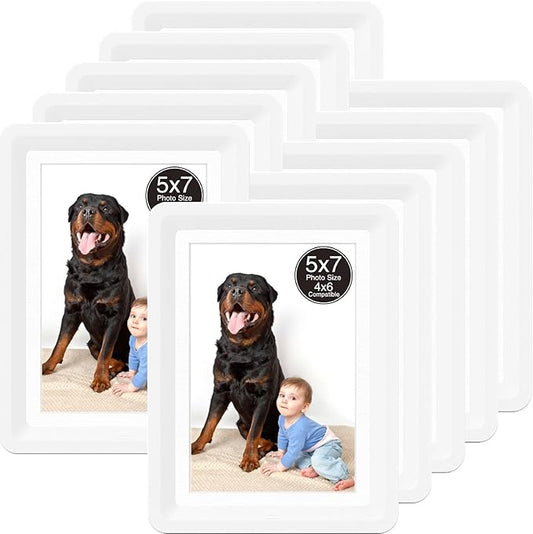 10-Pack 5x7 Picture Frame or 4x6 with Mat – Shatterproof Plastic Picture Frames for Family, Nursery & Playroom, Wall & Tabletop Frame for Home or Office, Safe Lightweight Design, Pearl White
