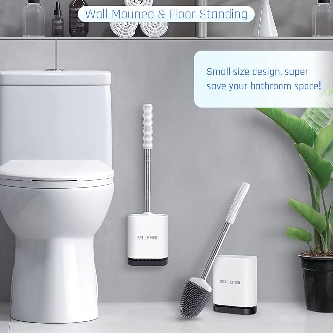Sellemer Toilet Brush and Holder Set for Bathroom, Flexible Toilet Bowl Brush Head with Silicone Bristles, Compact Size for Storage and Organization, Ventilation Slots Base (2 Pack, Multicolor)