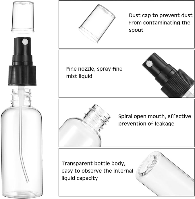 Roshtia 300 Pcs 2 oz Plastic Mini Spray Bottles with Black Cap Clear Empty Fine Mist Spray Bottles Refillable Liquid Container for Essential Oils Perfumes Travel Makeup