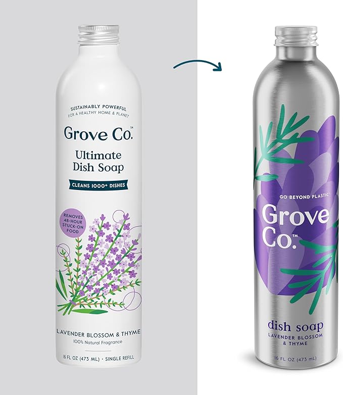 Grove Co. Ultimate Dish Soap Refills (3 x 16 Fl Oz) + Refillable Glass Dish Soap Dispenser for Kitchen Sink with Non-Slip Silicone Sleeve, Plastic Free Cleaning Products, Lavender Blossom & Thyme