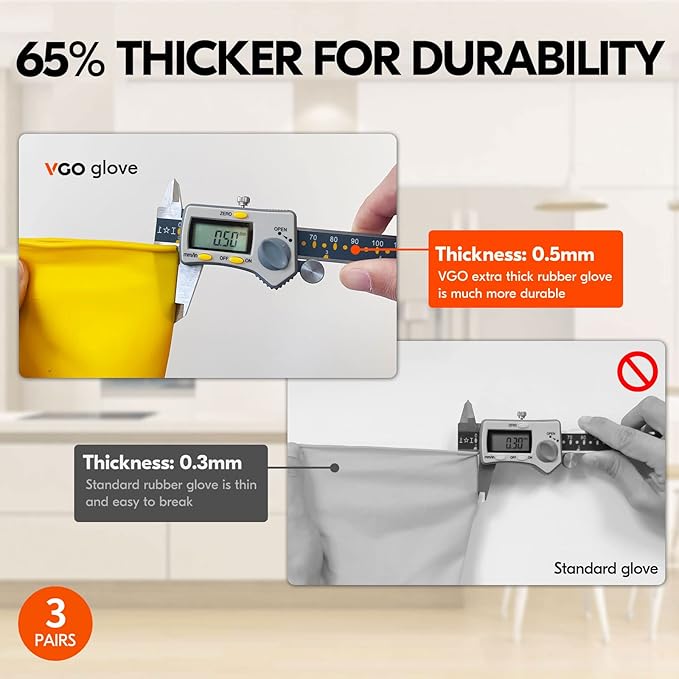 Vgo... 3-Pairs Reusable Household Gloves, Rubber Dishwashing gloves, Extra Thickness, Long Sleeves, Kitchen Cleaning, Working, Painting, Gardening, Pet Care (Size S, Yellow, HH4601)