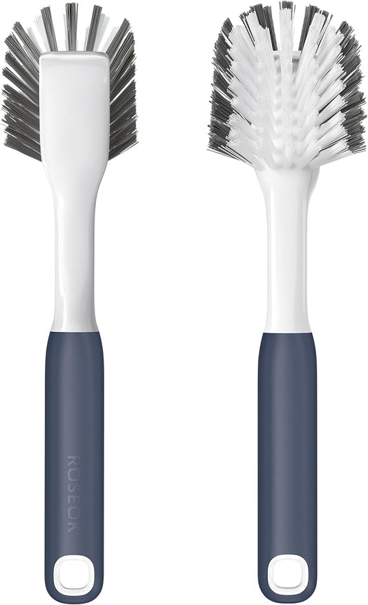 Dish Brush with Built-in Scraper,Kitchen Scrub Brush for Cleaning Dishes,Pots,Non-Stick Pans and Sinks,Navy Blue,2 Pack