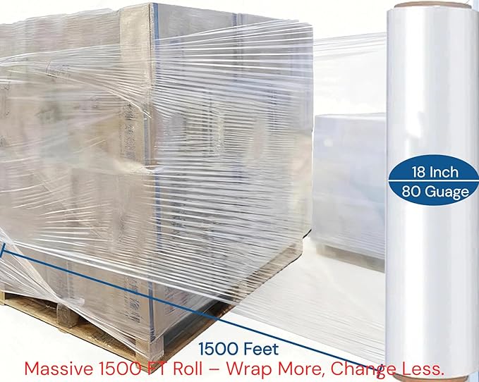 Industrial Stretch Wrap Roll– 18" x 1500 Ft, 80 Gauge Clear Stretch Film Pallet Shrink Wrap for Moving, Packing, Shipping, Storage & Furniture Protection（4 Rolls)