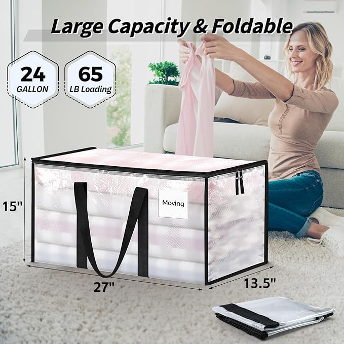 16 Pack Extra Large Heavy Duty Moving Bags, Clear Storage Bins with Lids, Reinforced Handles & Heavy-Duty Zippers Moving Boxes Storage Bags Totes for Clothes Packing, Dorms, College Supplies, Clear