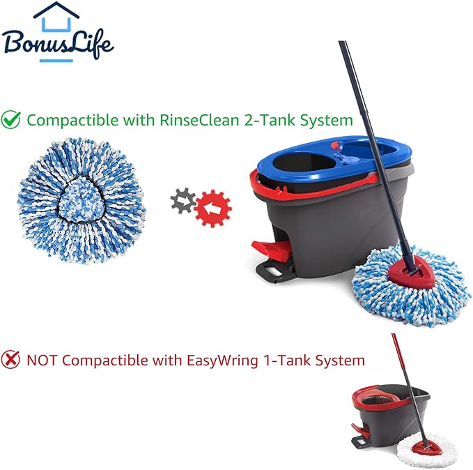 BonusLife 4 Pack Mop Refills and 1 Head Base Part for O-Ceda RinseClean Spin 2-Tank System - Easy Cleaning Microfiber Replacement