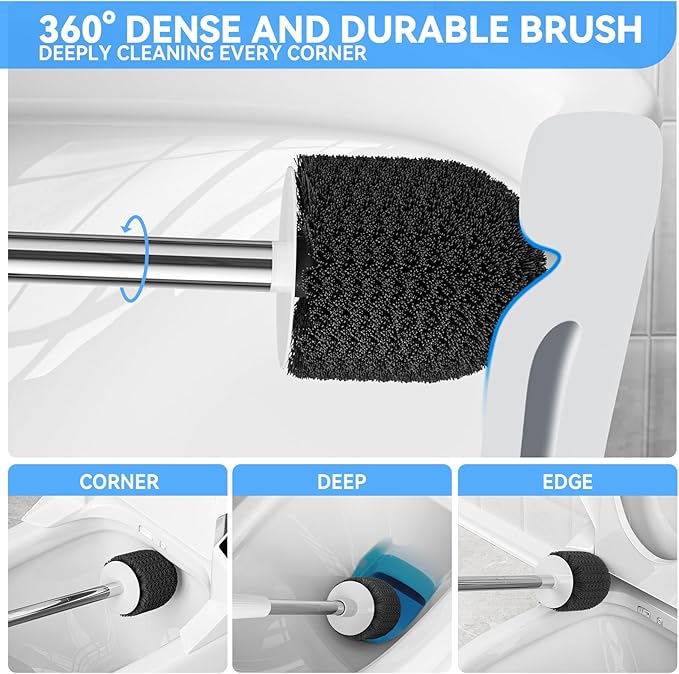 Toilet Brush, 3PCS Toilet Brush and Holder with 304 Stainless Steel Handle, Space Saving Toilet Bowl Brush for Storage, Durable Bristles Toilet Scrubber for Bathroom Cleaning