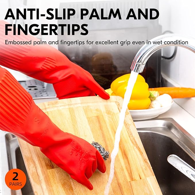 Vgo 2-Pairs Dishwashing Gloves, Reusable Household Gloves, Long Sleeve, Thick Latex, Cleaning, Washing, Working, Painting, Gardening, Pet Care (Size S, Red, RB2143)