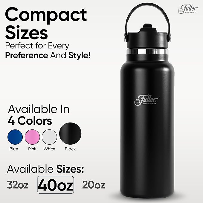 Fuller Stainless Steel Water Bottle with Straw Lid – BPA-Free, Sweat-Proof, Leak-Proof Travel Mug – Double Wall Insulated for Hot & Cold Drinks – Carry Handle (Black, 40 Oz.)