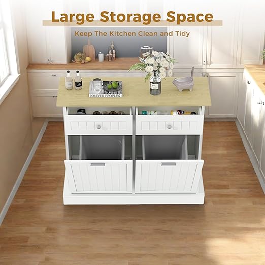 20 Gallon Tilt Out Trash Cabinet, 2-Door Wood Freestanding Garbage Recycling Cabinet with Hideaway Drawer & Pet Proof Design, White Trash Bin Holder for Kitchen, Living Room