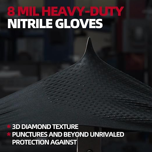Jointown Basic Heavy Duty Nitrile Gloves, Mechanic Gloves 8 Mil Nitrile Disposable, with Raised Diamond Texture, Case of 100, Black, Large