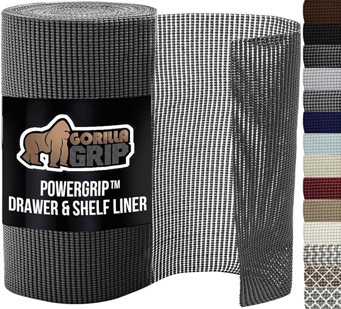 GORILLA GRIP powerGRIP Drawer Shelf and Cabinet Liner, Thick Strong Hold, Non-Adhesive Liners Protect Kitchen Cabinets and Cupboard, Bathroom Drawers, Easy Install, Breathable Mat, 17.5" x20' Charcoal
