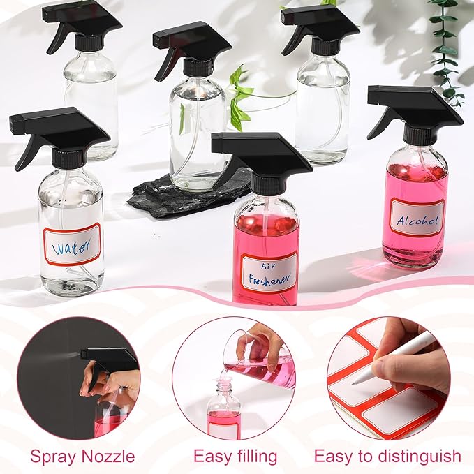 Norme 12 Pcs 8 oz Glass Spray Bottles with Funnels and Labels Refillable Cosmetic Empty Spray Bottles with Sprayer Containers for Essential Oil Cleaning Solutions(Clear,Classic)