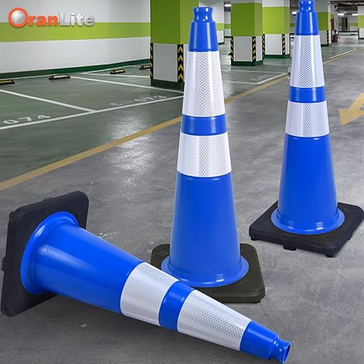 Fluorescent Orange/Green PVC Traffic Cones, Heavy Black Base Parking Lot Cone Structurally Stable Weatherproof Road Construction Safety Cones (8, Blue, 28" Large)