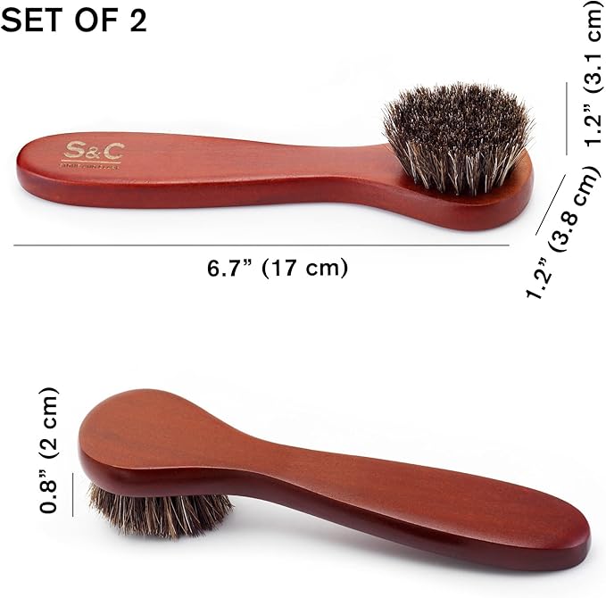 Premium Shoe Polish Brush Set - Horse Hair Brushes, Shoe Polish Applicator for Leather Footwear - Shoe Brushes for Cream & Polish - Made of White Horse Hair & Lotus Wood Handle