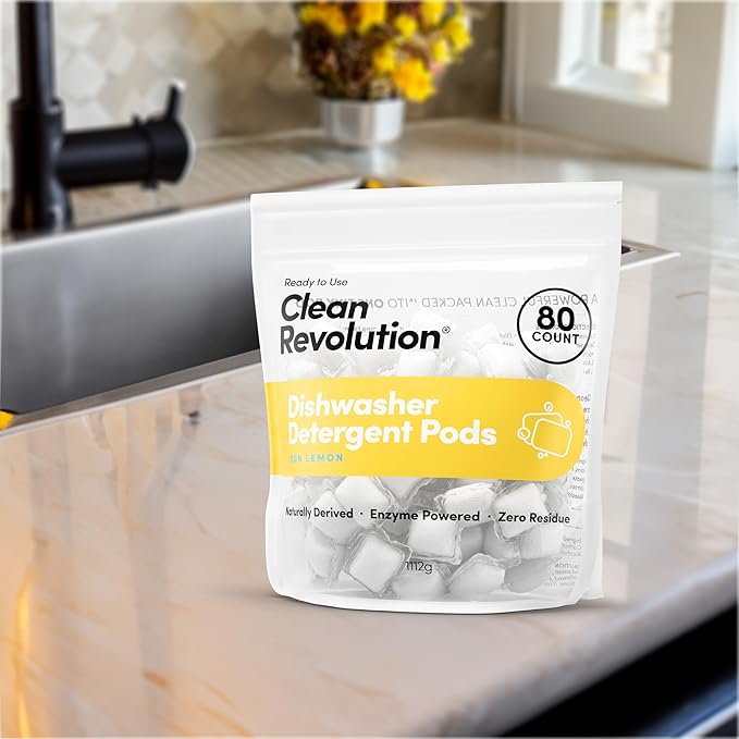 Clean Revolution Natural Dishwasher Detergent Pods, 80 Pods, Enzyme Powered, No Chemical Additives, No Residue, Made in the USA