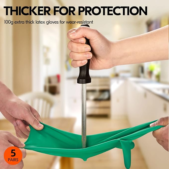 Vgo... 5-Pairs Reusable Household Gloves, Rubber Dishwashing gloves, Extra Thickness, Long Sleeves, Kitchen Cleaning, Working, Painting, Gardening, Pet Care (Size L, Green, HH4601)