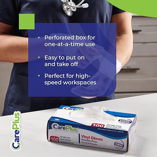 CARE PLUS Vinyl Gloves Clear Medium Size 100 Count | Heavy Duty, Non-Sterile, Powder-Free, Latex-Free Rubber | Food Prep, Kitchen & Cleaning Gloves, Ideal for Professional Use