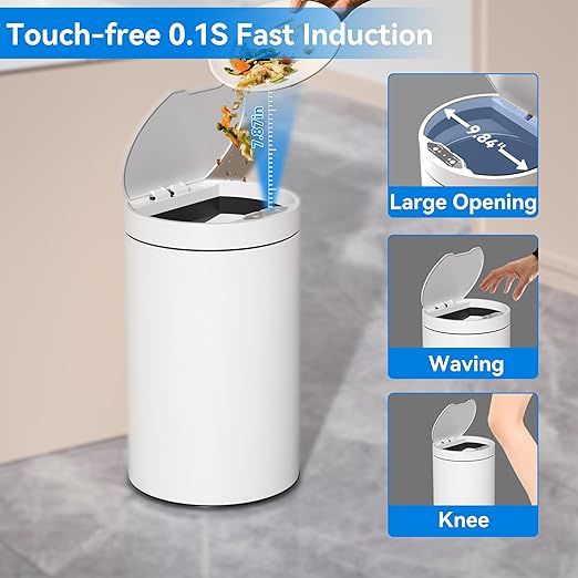 kaylowe Motion Sensor Bathroom Trash Can with Lid 4 Gallon Stainless Steel Garbage Cans Automatic Touchless Garbage Bin for Kitchen, Bedroom, Office, Living Room, White