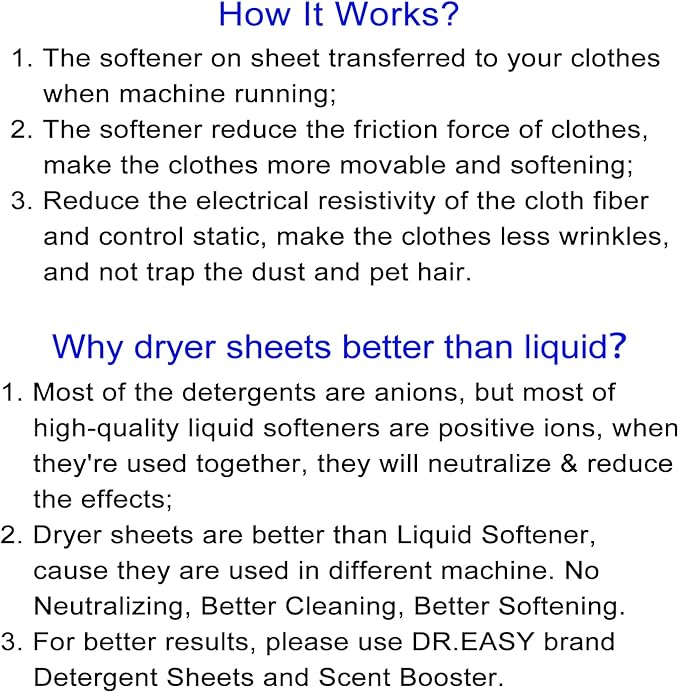 DR.EASY Dryer Sheets Plant Based Formula 252 Ct Fabric Softener sheets for Laundry Sunfresh Essential Oil Scented No Artificial Fragrances No Dyes Reduce Static & Wrinkles Help Repel Pet Hair