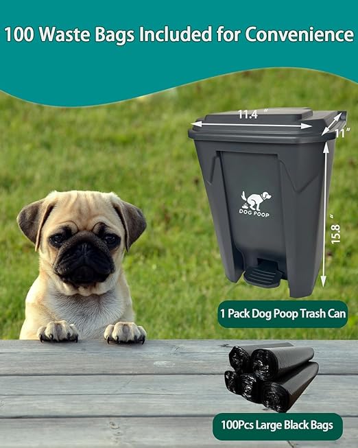 Dog Poop Trash Can Outside with Metal Rake & Tray – 20L Outdoor Pet Waste Bin with Foot Pedal Lid & 100 Bags – Waterproof Odor Control Heavy Duty Pooper Scooper for Yard & Large Dogs