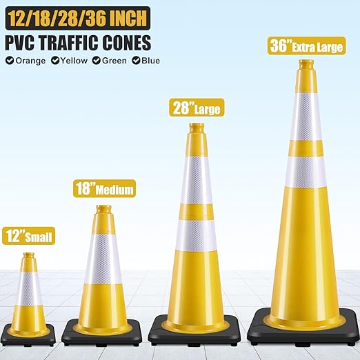 Fluorescent Orange/Green PVC Traffic Cones, Heavy Black Base Parking Lot Cone Structurally Stable Weatherproof Road Construction Safety Cones (4, Yellow, 28" Large)
